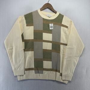 Vintage Exacta Sweater Men's Medium Cream Green Earth Tones Geometric Check NEW